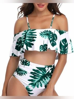 Tropical Off-Shoulder Ruffle Bikini Set - Green Leaf Print medium